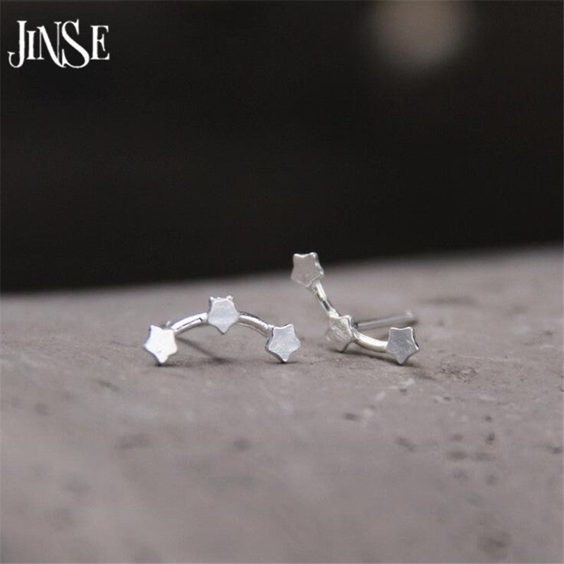 925 Sterling Silver Three Stars Stud Earrings For Women Fashion Girl Prevent Allergy Sterling-Silver-Jewelry 12mm