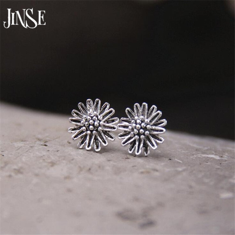 Real 925 Sterling Silver Earrings Vintage Thai Daisy Flower Pure Handmade Bangkok Silver Jewellery Boutique 8mm