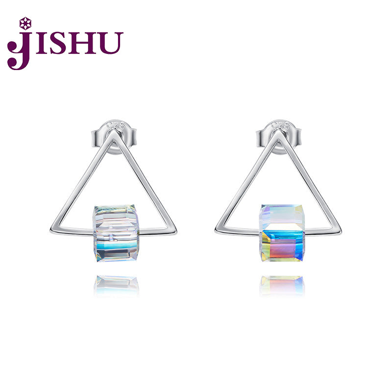Ladies Cube Sugar Crystal Earrings 925 Sterling Silver Stud Earrings Geometric Jewelry Double Triangle Design for Women