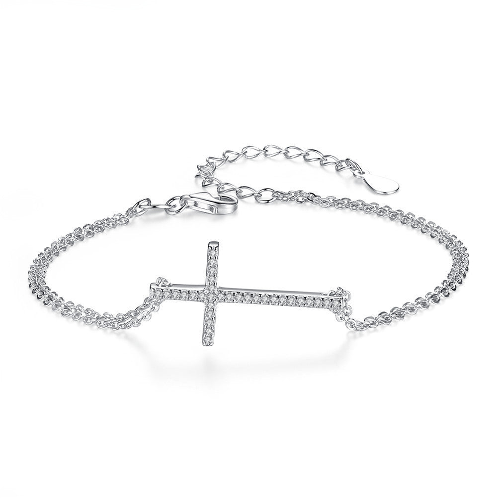 Collana con ciondolo a forma di croce laterale concisa in vero argento sterling S925 e braccialetti con ciondoli per gioielli da donna 