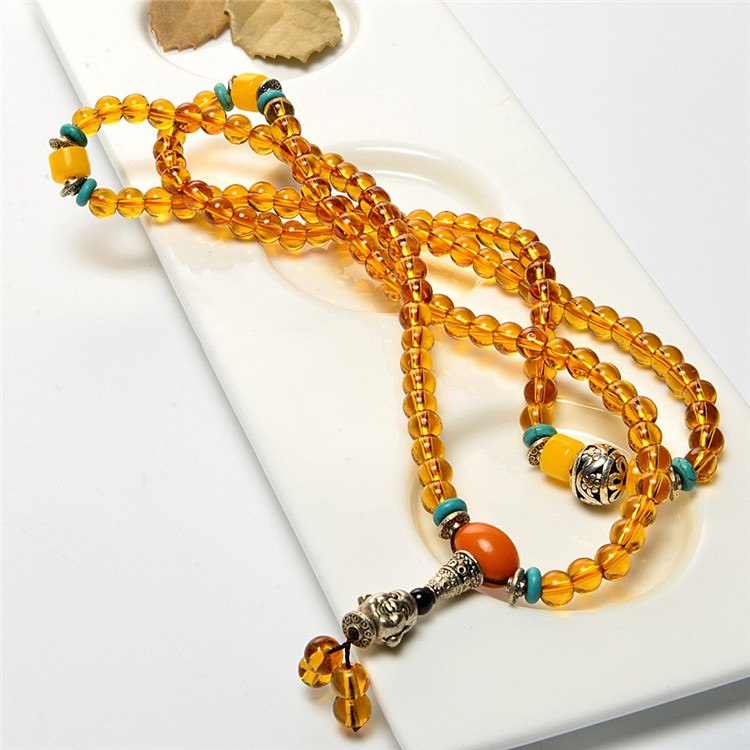 6-7mm Golden Crystal precious stone Agate Beads Necklace with Sliver Buddha Pandent Statement Necklaces For Sweater