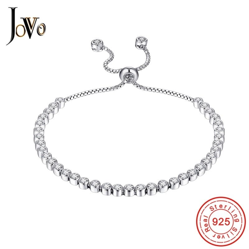 JOVO 925 Sterling Sliver Charms Cute Bracelets for women Fashion zircon Beads adjustable silver bracelet Romantic lady Gift