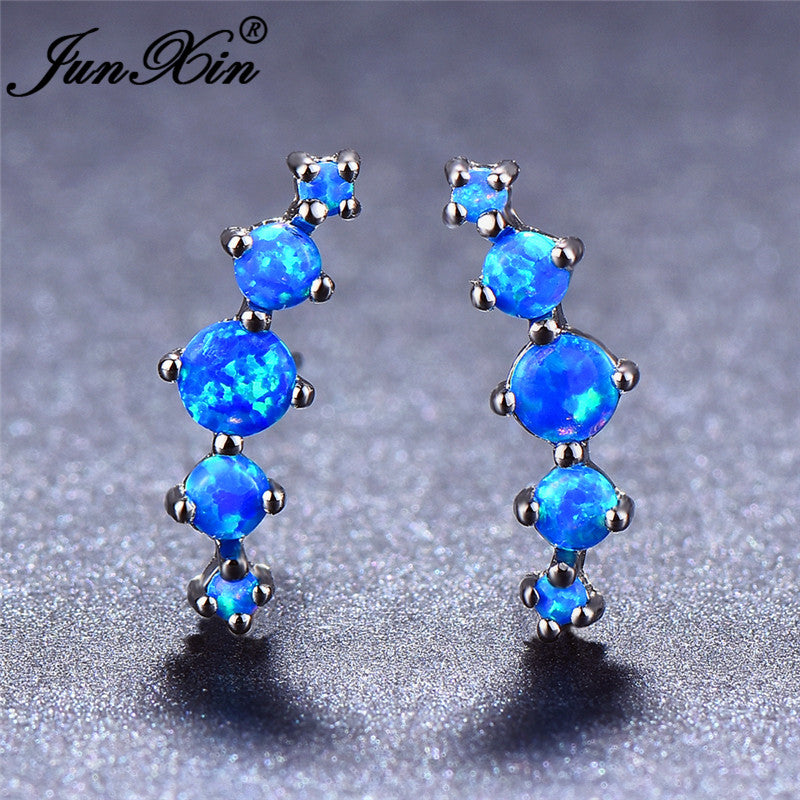 Luxury Blue Fire Opal Stud Earrings For Women 925 Sterling Silver Filled Round Stone Rainbow Birthstone Earrings Jewelry