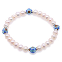 Carica l'immagine nel visualizzatore di Gallery, Pearl Bracelet Women 100% Natural Pearl Bracelet Mariage Dotted with Blue Cloisonne Zircons-7-inch(7-7.5mm Pearl)