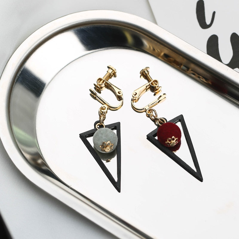 Japan and South Korea Models Simple Stylish Velvet Ball Geometry Triangle Without Pierced Earrings