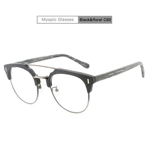 Japanese Brand Acetate Glasses Frame Man Women Wood Grain Myopia Computer Eyeglasses 2023 Eyewear Prescription Spectacle Metal