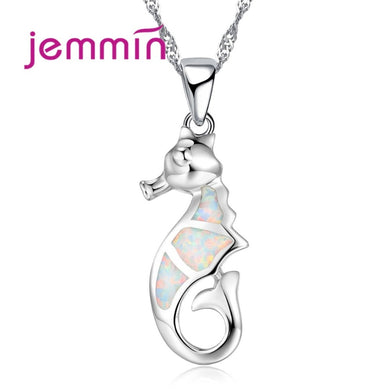 Collana con animali di marca Ciondoli con design a forma di cavalluccio marino Collana con pendente in argento sterling 925 con opale bianco per gioielli da festa da donna 