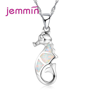 Brand Animal Necklace Charms Sea Horse Design Sterling 925 Silver White Opal Pendant Necklace For Women Party Jewelry