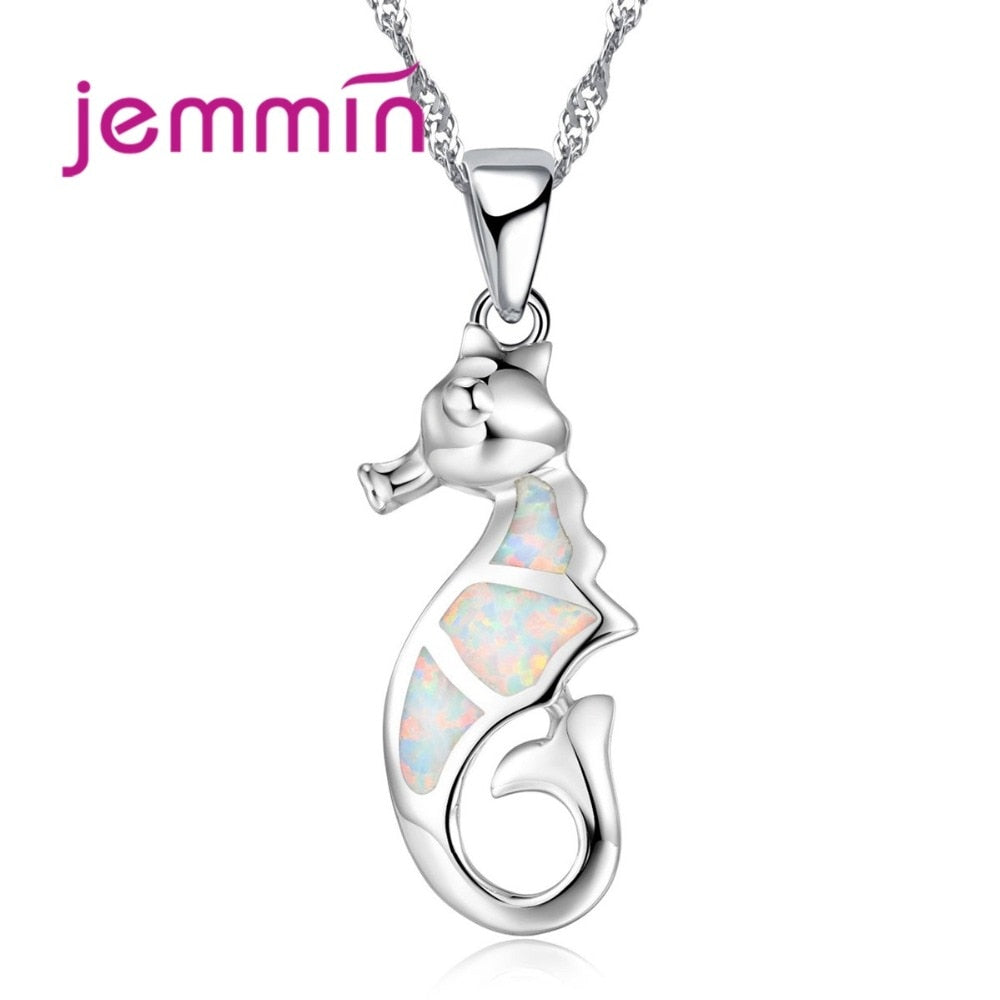 Brand Animal Necklace Charms Sea Horse Design Sterling 925 Silver White Opal Pendant Necklace For Women Party Jewelry