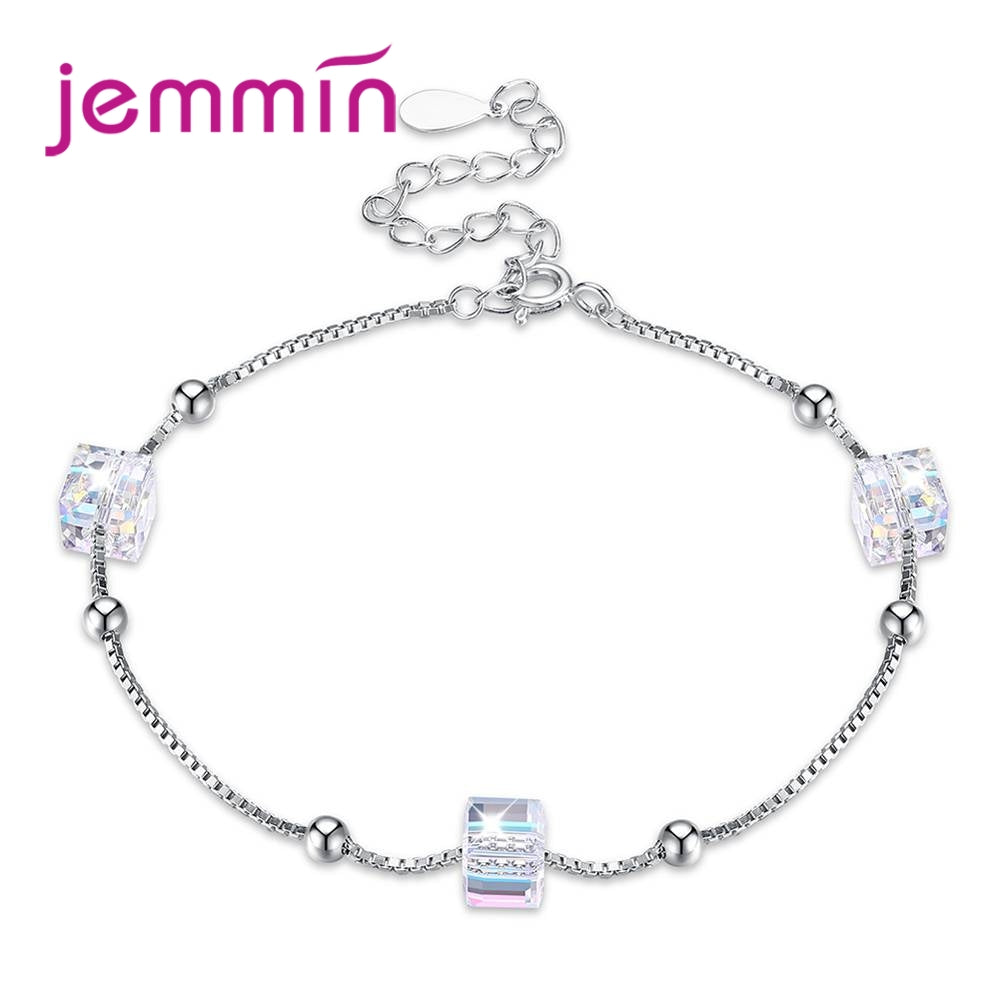 New Arrival Women Girls Lovely Holid Gift 925 Sterling Silver Thin Chain Bracelet With Shiny AAA Square Crystal
