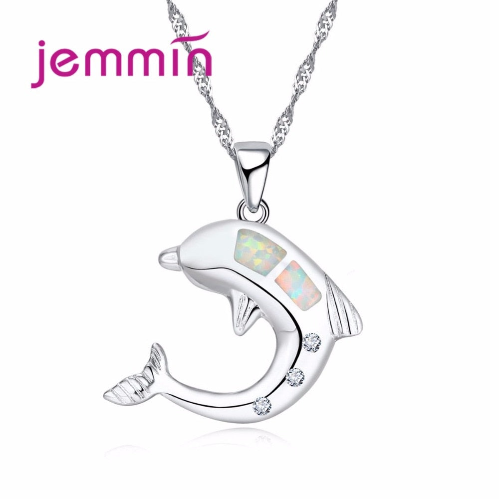 White Fire Opal Necklace Pendant Women Sterling Silver 925 Jewelry Animal Dolphine Pendants Necklaces For Birthd Gift