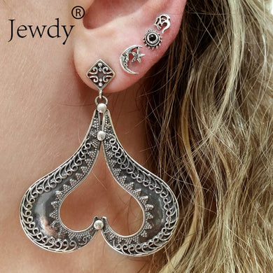 2018 New Fashion Hollow Out Heart Silver Color Stud Earring Classic Ethnic Bohemia Ear Clip Stud Earrings 5pcs Earring Set