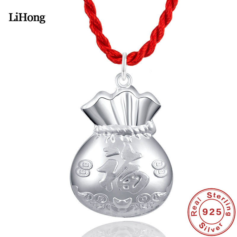 Jewelry 100% 925 sterling silver Chinese national style bag pendant rope necklace girl boy gift