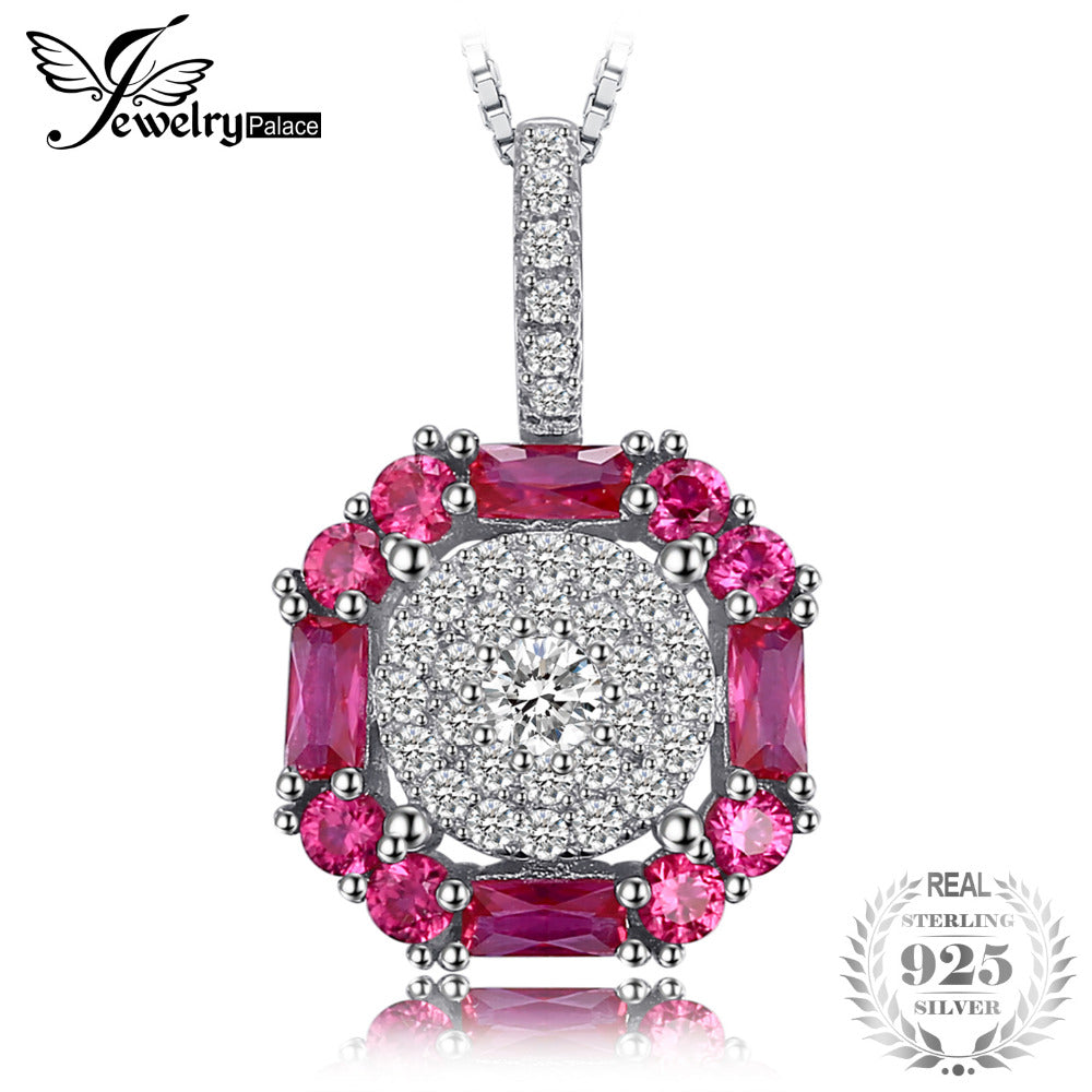 1.26ct Created Ruby Halo Pendant Necklace 925 Sterling Silver 45cm Chain New Fine Jewelry for Women Fashion