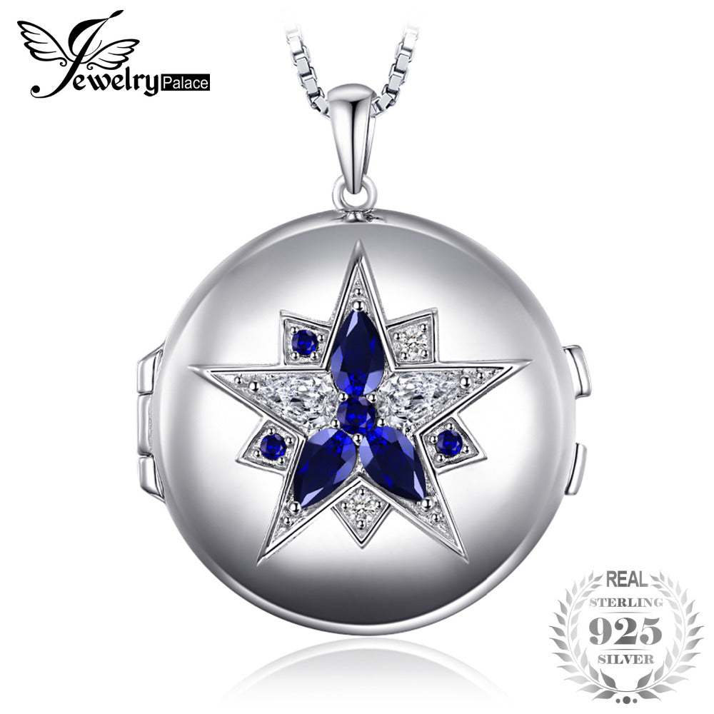 1.3ct Created Sapphire Pocket Pendant Necklaces Top 925 Sterling Silver 45cm Box Chain Can Put Photos Fine Jewelry