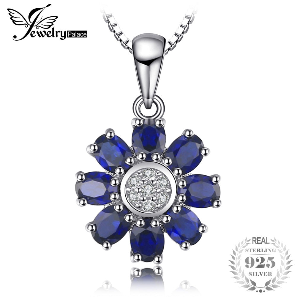1.8ct Oval Shape Created Sapphire Flower Pendant Necklaces For Women Solid 925 Sterling Silver Box Chain Long 45cm