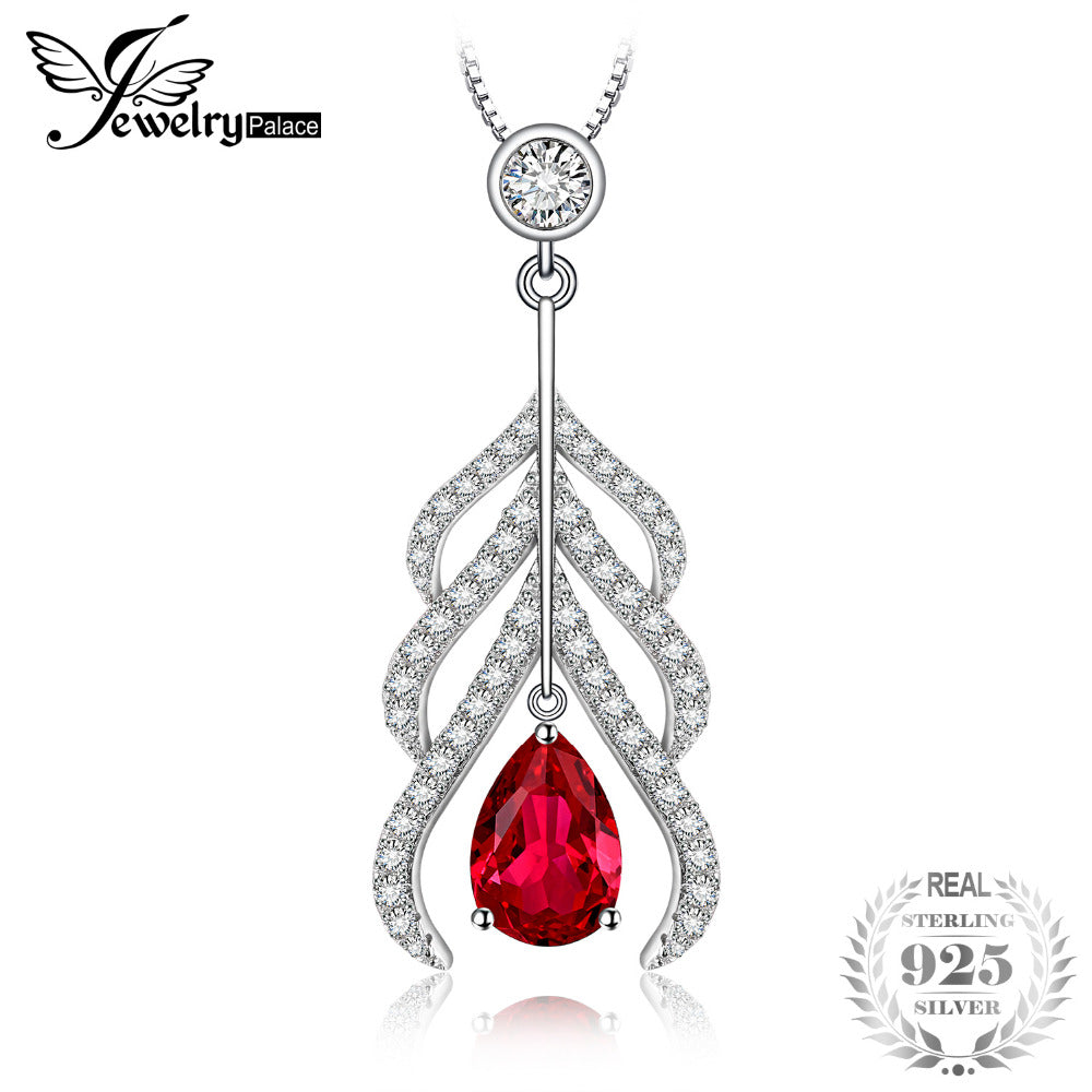 2.8ct Created Ruby Peacock Plume Teardrop Pendant Necklace 925 Sterling Silver 18 Inches Box Chain Gifts For Her