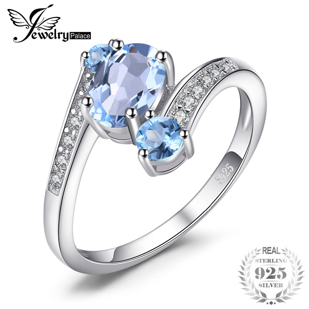 925 Sterling Silver 1.1ct Natural Blue Topaz 3 Stone Anniversary Ring Women Party Fine Jewelry 2018 Brand New