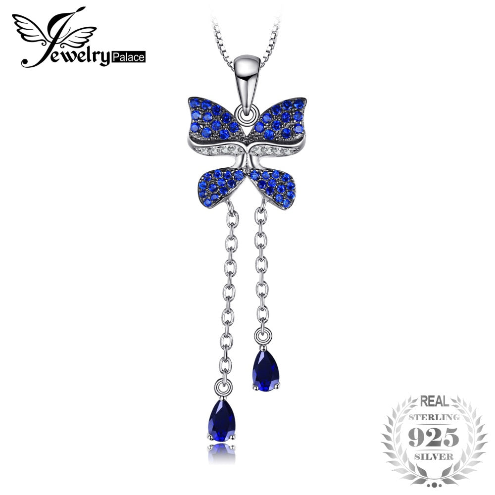 Butterfly Pear Shape Created Sapphire and Blue Spinel Necklaces 925 Sterling Silver Chain 45cm Fine Jewelry