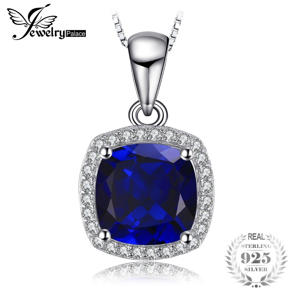 Classic 3.3ct Cushion-Cut Blue Created Sapphire Wedding Anniversary Necklace 100% 925 Sterling Silver 45cm Chain