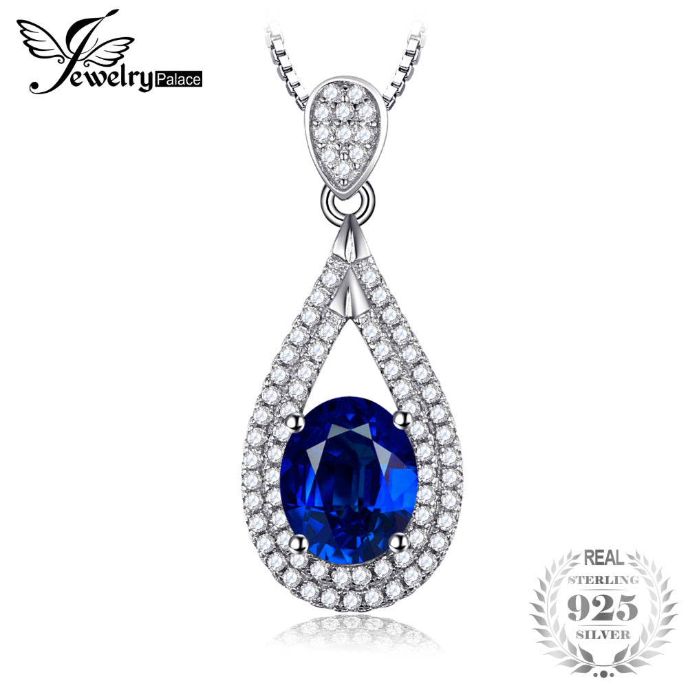 Classic 3.5ct Oval Created Sapphire Necklaces Pendants 925 Sterlin-Silver-Jewelry 45cm Box Chain Gift For Women