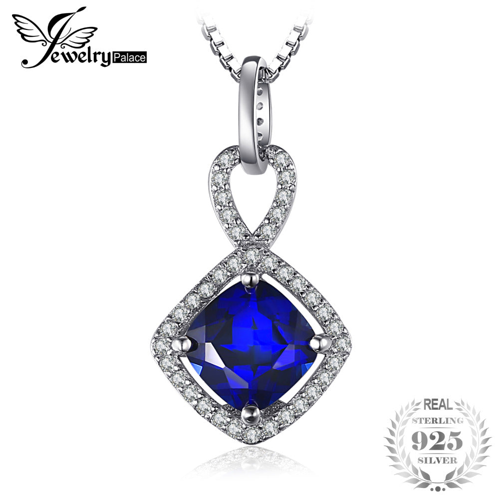 Cushion 2.4ct Square Blue Created Sapphire Necklaces & Pendants 925 Sterling Silver Fashion Jewelry 45cm Box Chain