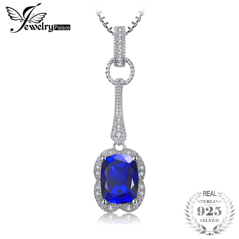 Elegant Rectangle 2.9ct Created Blue Sapphire Pendant Necklace 925 Sterling Silver 45cm Box Chain Charm Jewelry