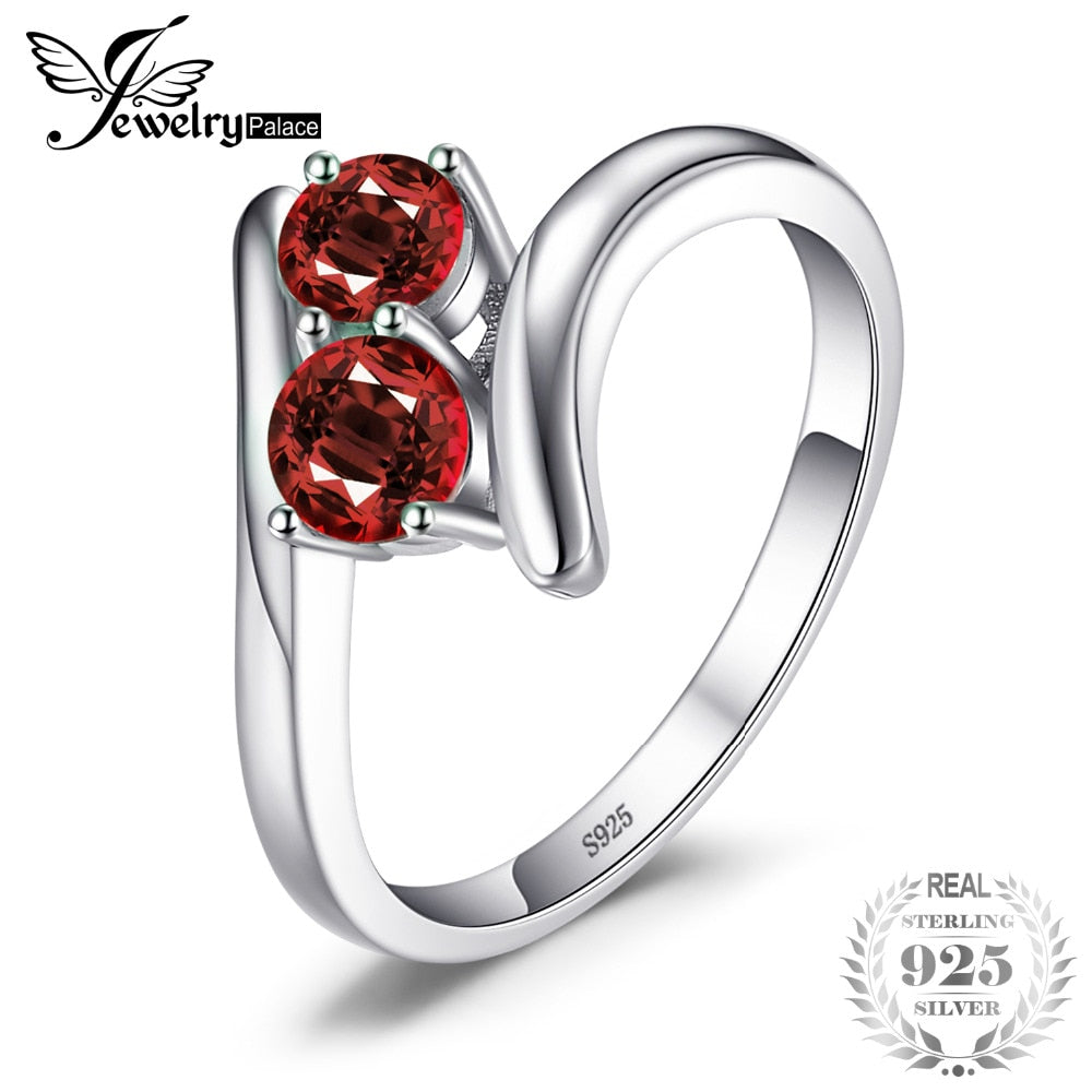 Fashion 0.95ct Natural Red Garnet 2 Stone Wedding Bands Rings For Love 925 Sterling Silver Round Ring Fine Jewelry