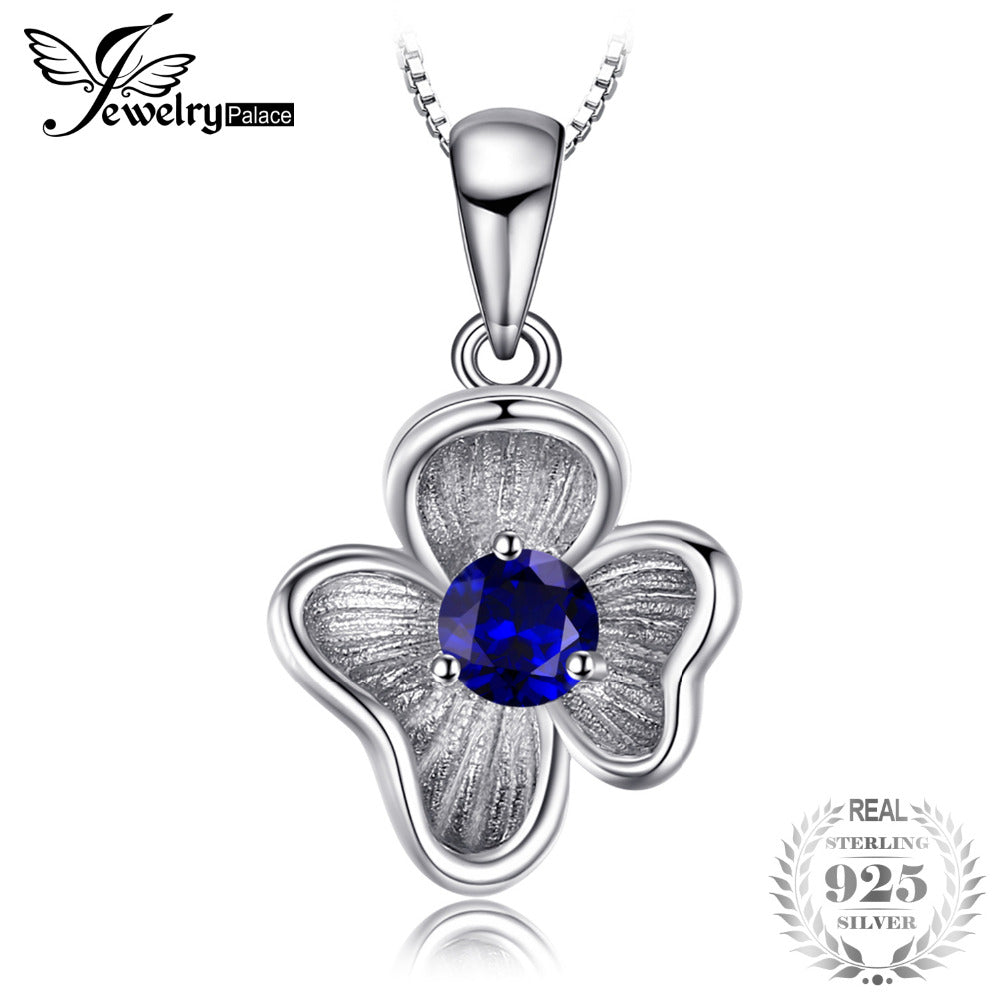 Flower 0.34ct Created Blue Sapphire 100% Real 925 Sterling Silver 45cm Box Chain Necklaces For Women Fine Jewelry