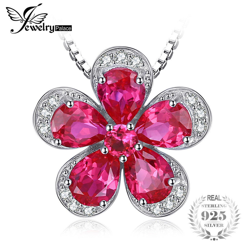 Flower 5ct Red Created Ruby 925 Sterling Silver Pendant Necklace 45cm Chain Neckalce Fashion Design for Women
