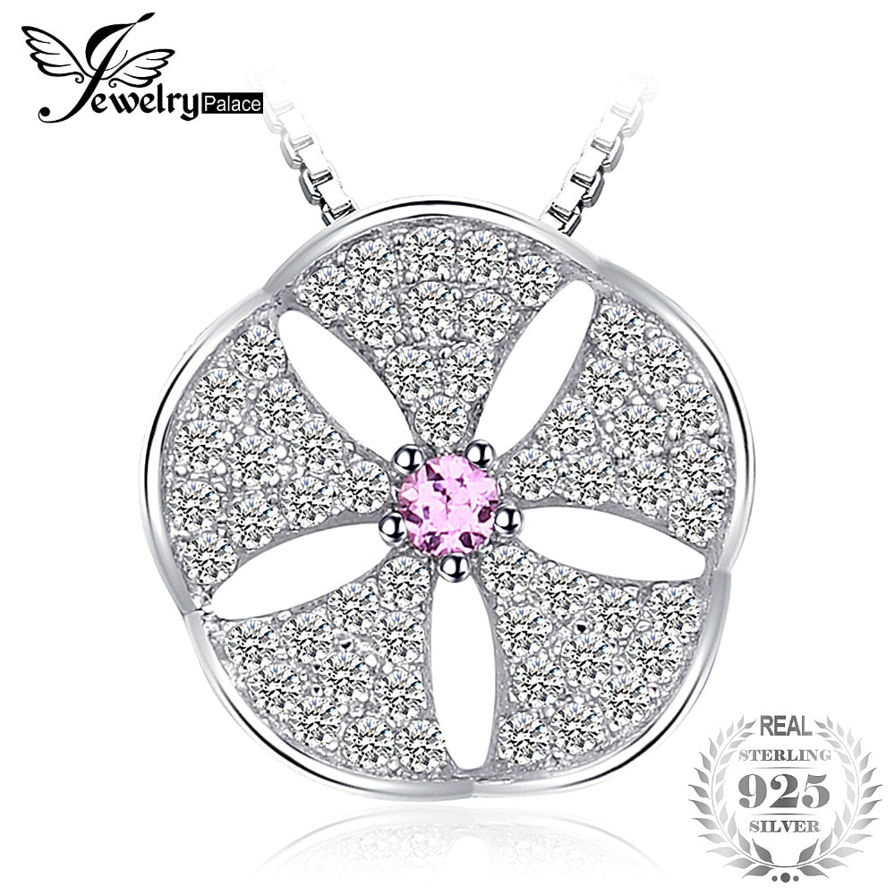 Flower Created Pink Sapphire Cubic Zirconia Pendant Necklaces Long 45cm Box Chain 925 Sterling Silver Fine Jewelry