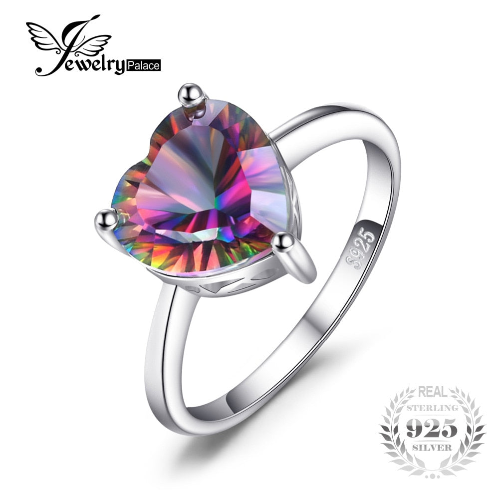 Heart 2.65ct Genuine Rainbow Fire Mystic Topaz Solid Pure 925 Sterling Silver Ring Vintage Jewelry Brand Fashion