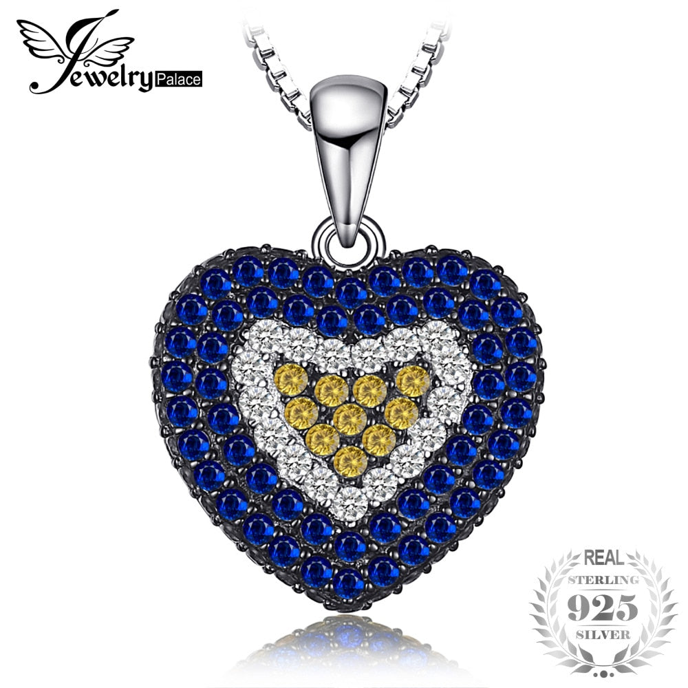 Love Heart 1.4ct Created Blue Spinel Created Sapphire Cluster Pendant Necklace 925 Sterling Silver 45cm Jewelry