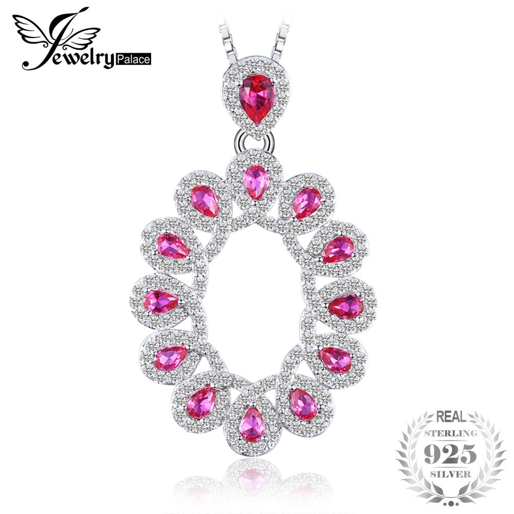 Luxury 2.9ct Created Ruby Cluster Pendant Necklace 925 Sterling Silver Necklace For Women Gift the chain is 18inch