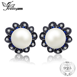 Luxury Cultured Pearl & Created Blue Spinel Stud Earrings For Women Genuine 925 Sterling Silver Fine Jewelry Gift
