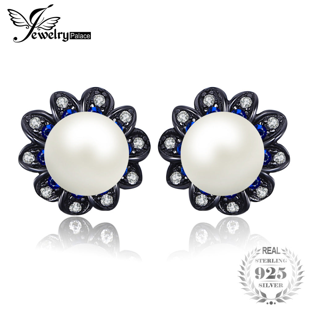 Luxury Cultured Pearl & Created Blue Spinel Stud Earrings For Women Genuine 925 Sterling Silver Fine Jewelry Gift