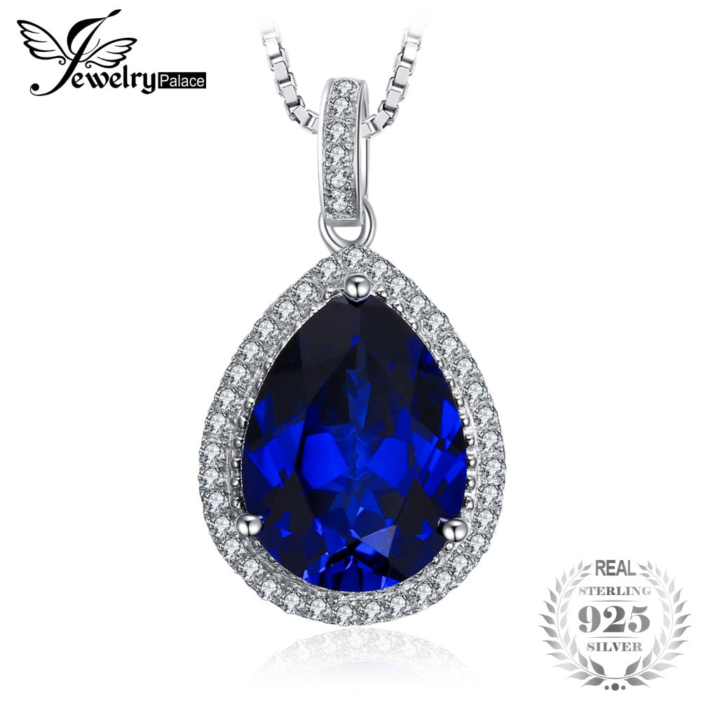 Luxury Pear Cut 10.9ct Blue Created Sapphire Solid 925 Sterling Silver Pendant Necklace 18 inches for Women