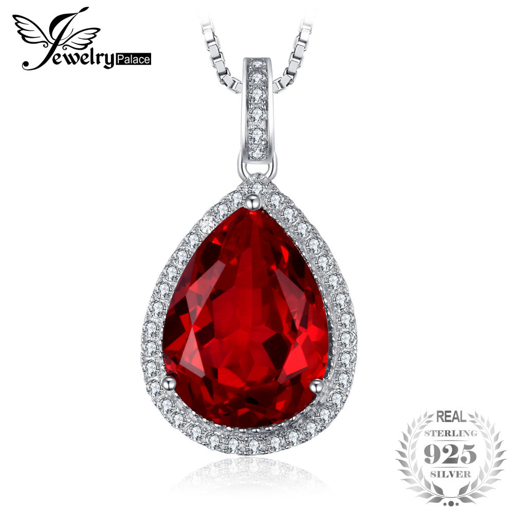 Luxury Pear Cut10.9ct Red Created Ruby Solid 925 Sterling Silver Pendant Necklace With 45cm Chain for Women