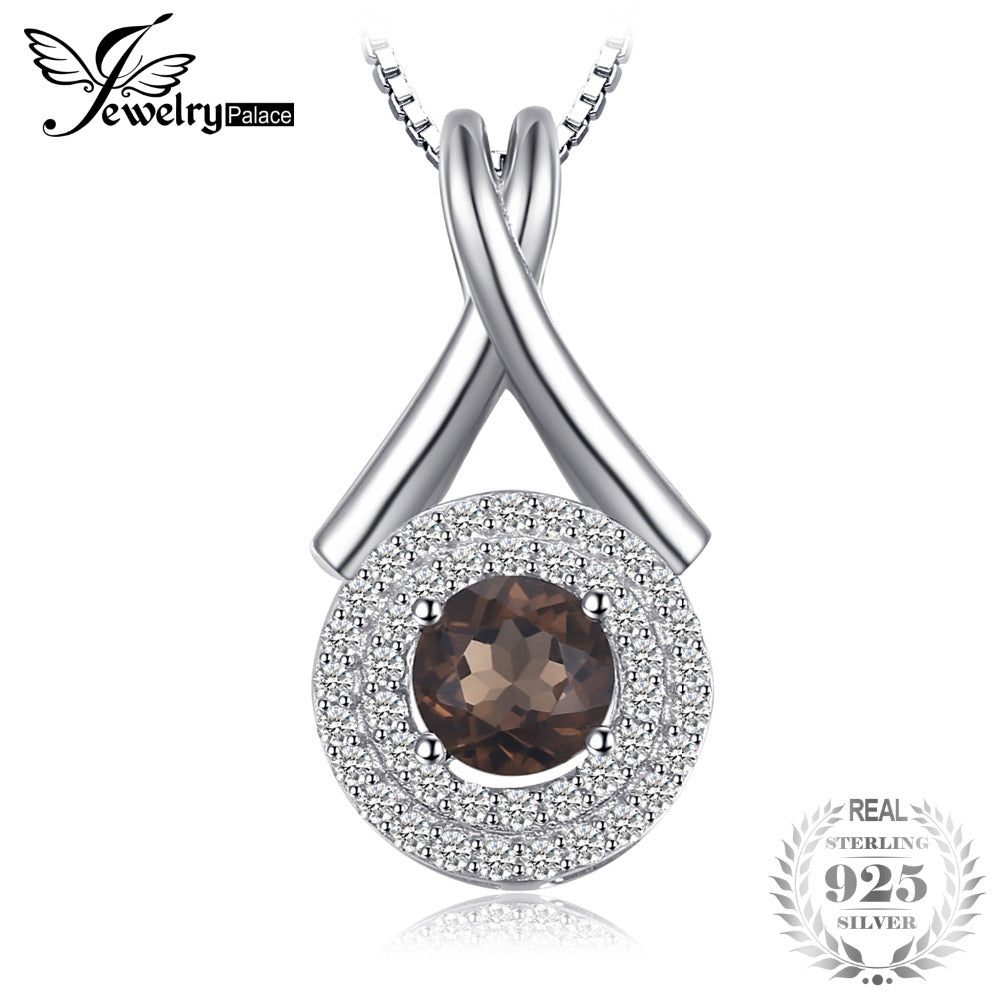 New X marks 0.65ct Natural Smoky Quartz Round Pendant Necklaces For Women 925 Sterling Silver Chain Fine Jewelry