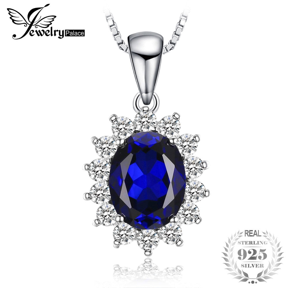 Oval 3.2ct Princess Diana William Kate Middleton's Blue Created Sapphire 925 Sterling Silver Necklace 45cm Chain