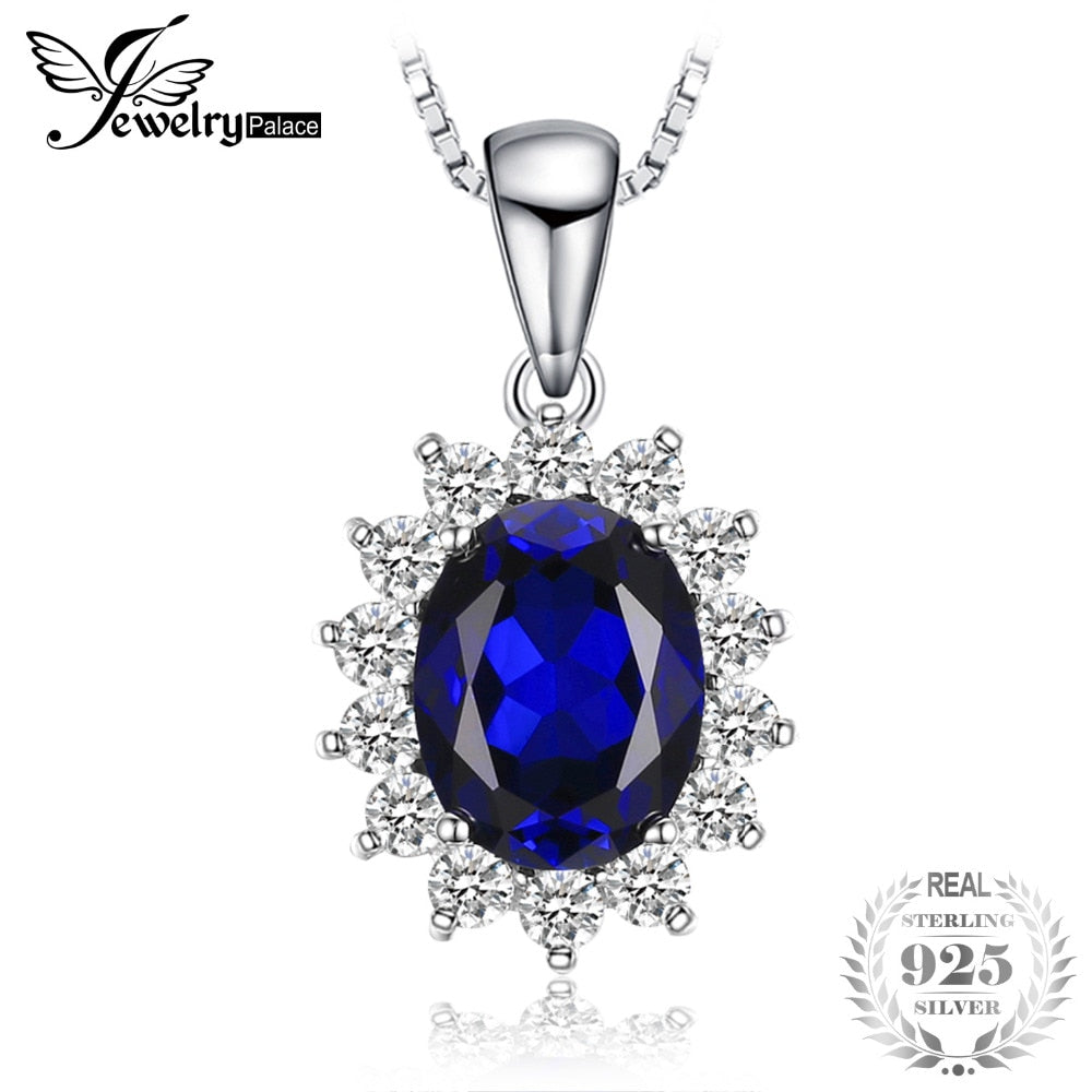 Oval 3.2ct Princess Diana William Kate Middleton's Created Blue Sapphire Pendant 925 Sterling Silver Chain 45cm