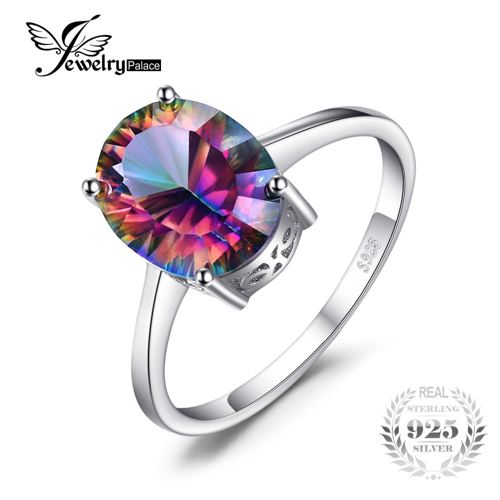 Oval Concave 3.4ct Genuine Rainbow Fire Mystic Topaz Ring For Women Solid 925 Sterling Silver Brand Fine Jewelry