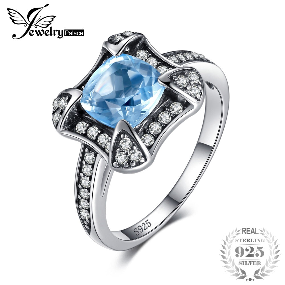 Retro 1.8ct Natural Sky Blue Topaz Halo Ring For Woman Genuine 925 Sterling Silver Ring Wedding Fine Jewelry
