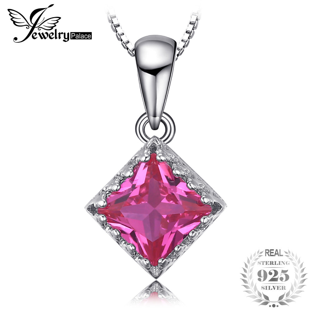 Square 1.4ct Created Pink Sapphire Solitaire Pendants Necklaces For Women 925 Sterling Silver With 45cm Chain