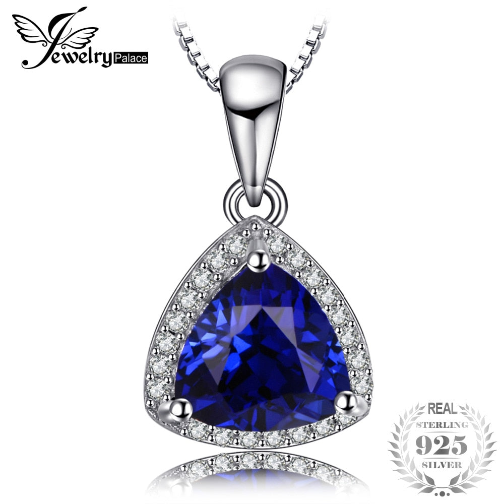 Triangle 2.65ct Created Blue Sapphire Necklaces Pendants 925 Sterling Silver Box Chain 45cm Fine Jewelry For Women