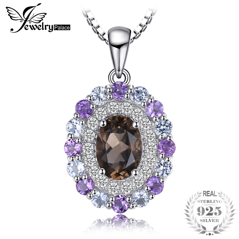 Vintage 1.4ct Smoky Quartz Sky Blue Topaz Amethyst Cluster Pendant Necklaces 925 Sterling Silver Jewelry For Women