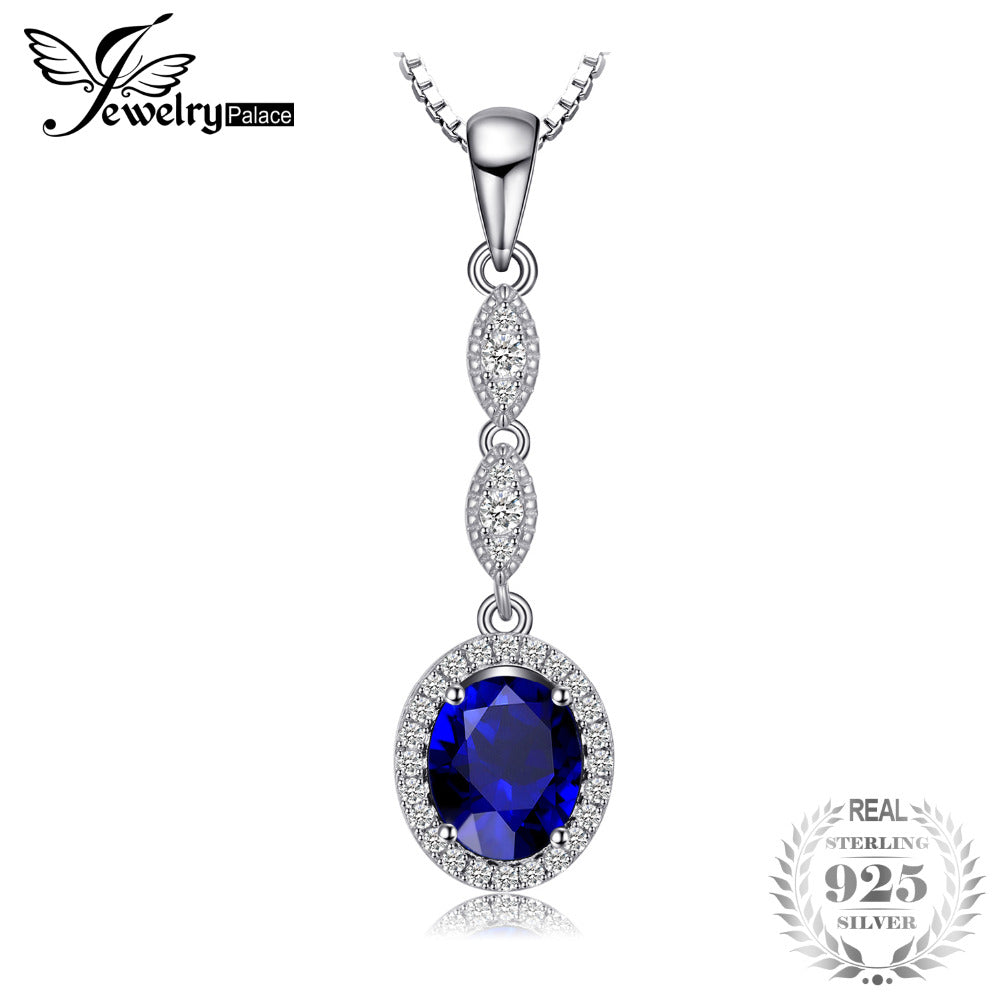 Vintage 3ct Created Sapphire Necklaces & Pendants 925 Sterling Silver 45cm Box Chain Charm Fine Jewelry For Women