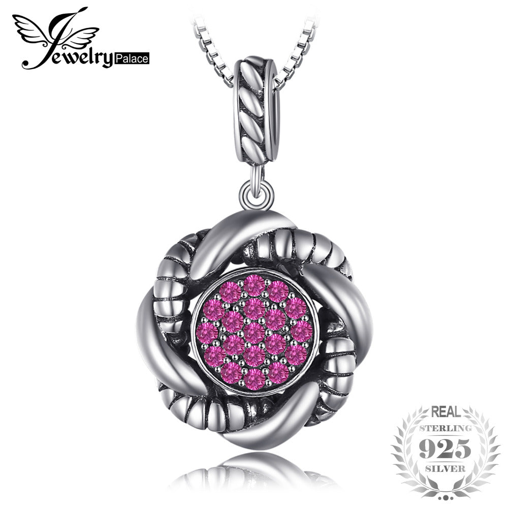 Vintage Round Created Red Ruby Pave Pendant Necklaces For Women 925 Sterling Silver 45cm Chain Fine Jewelry