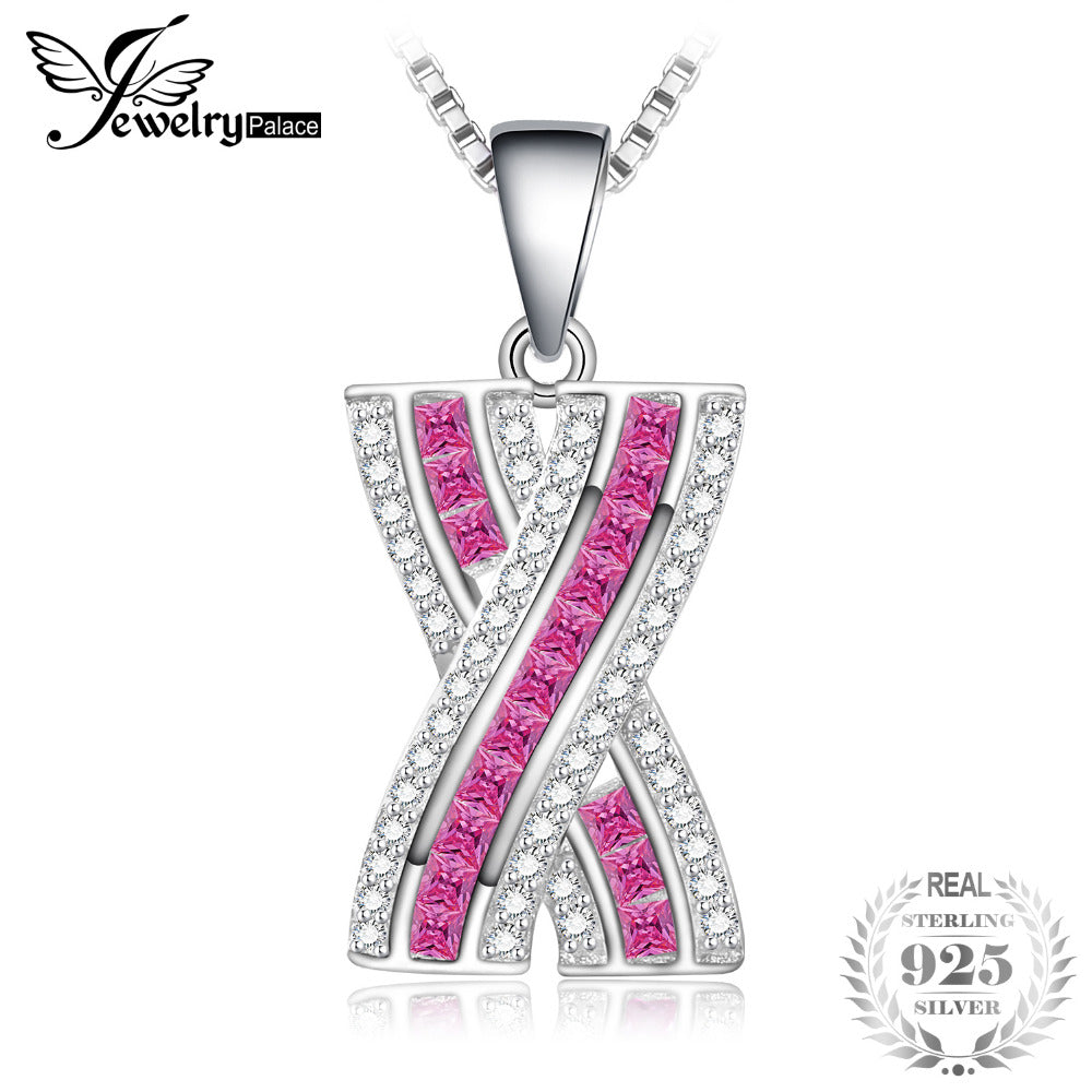 X Mark Princess Cut Created Pink Sapphire Pendant Necklace 925 Sterling Silver 18 Inches Box Chain Gift
