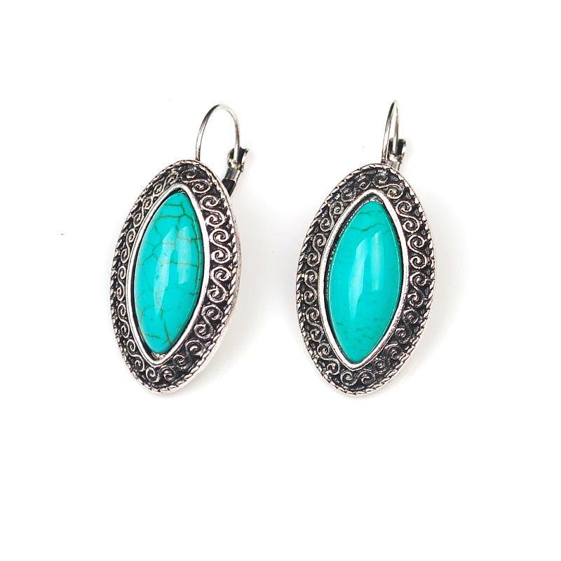Jewerly Vintage Pattern Edge Design Tibetan Silver Color Earrings Oval Green Stone Women Gift For Valentine's Day